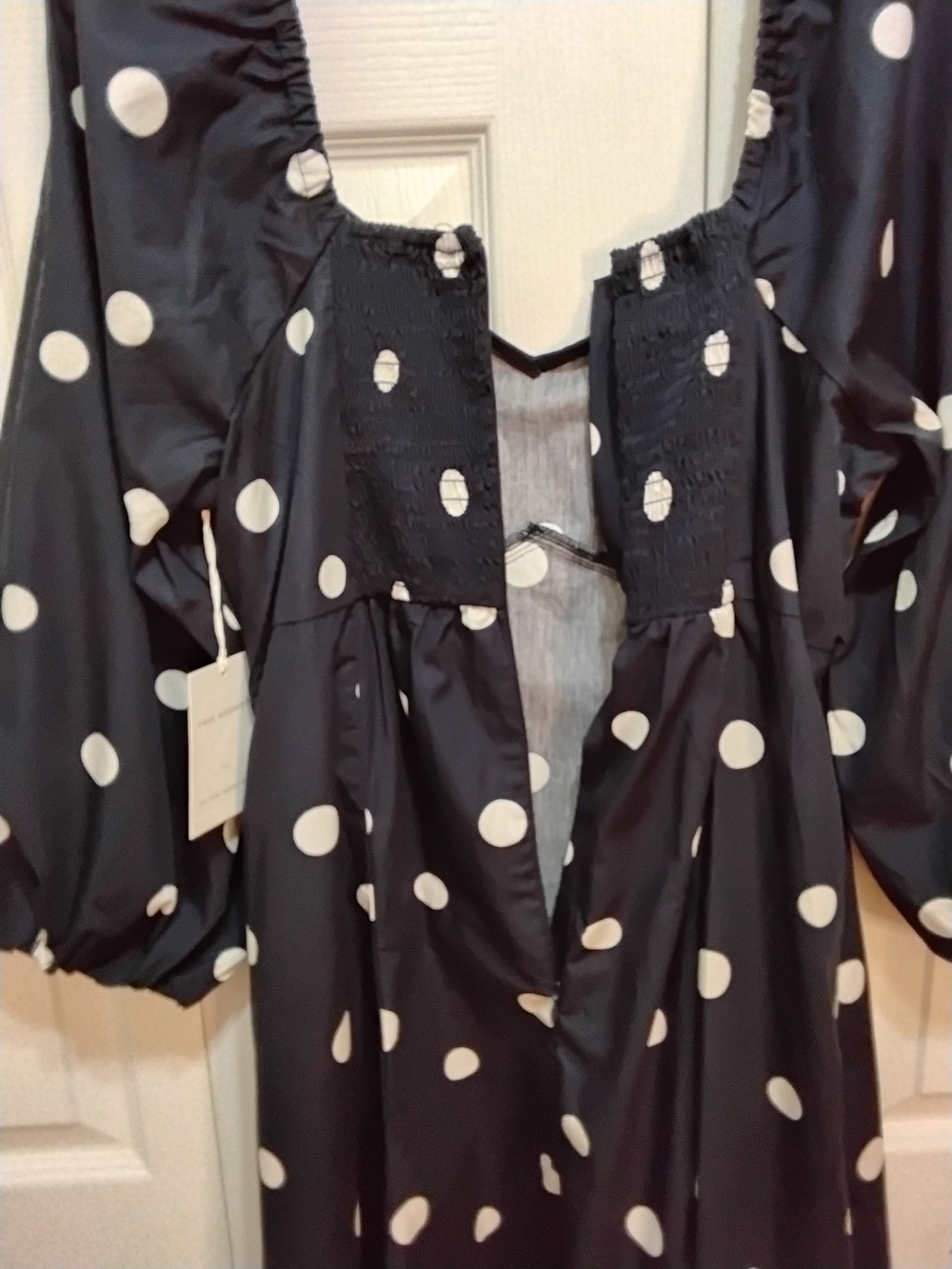 Polka Dot Puff-Sleeve Midi Dress - Navy & White - Picture 6 of 8